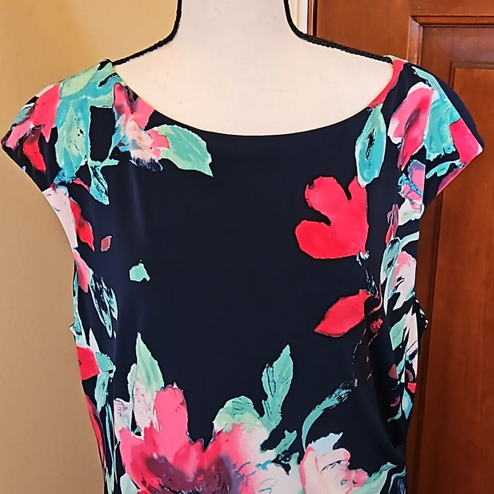 LAUREN RALPH LAUREN DRESS FLORAL 16 BLACK PINK GREEN WHITE Cap Sleeves - Picture 2 of 12